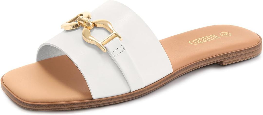 Rihero Women's Flat Sandals Summer Comfortable Square Open Toe Slip On Leather Slide Sandals (6, White)