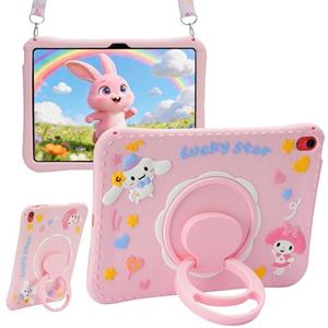 Kids iPad Case for A16 11th Generation 11 Inch 2025 & 10th Generation 10.9 Inch 2022, Pink Cute 3D Cartoon Design with 360 Rotatable Kickstand, Adjustable Strap, Shockproof Protective Cover for Girls