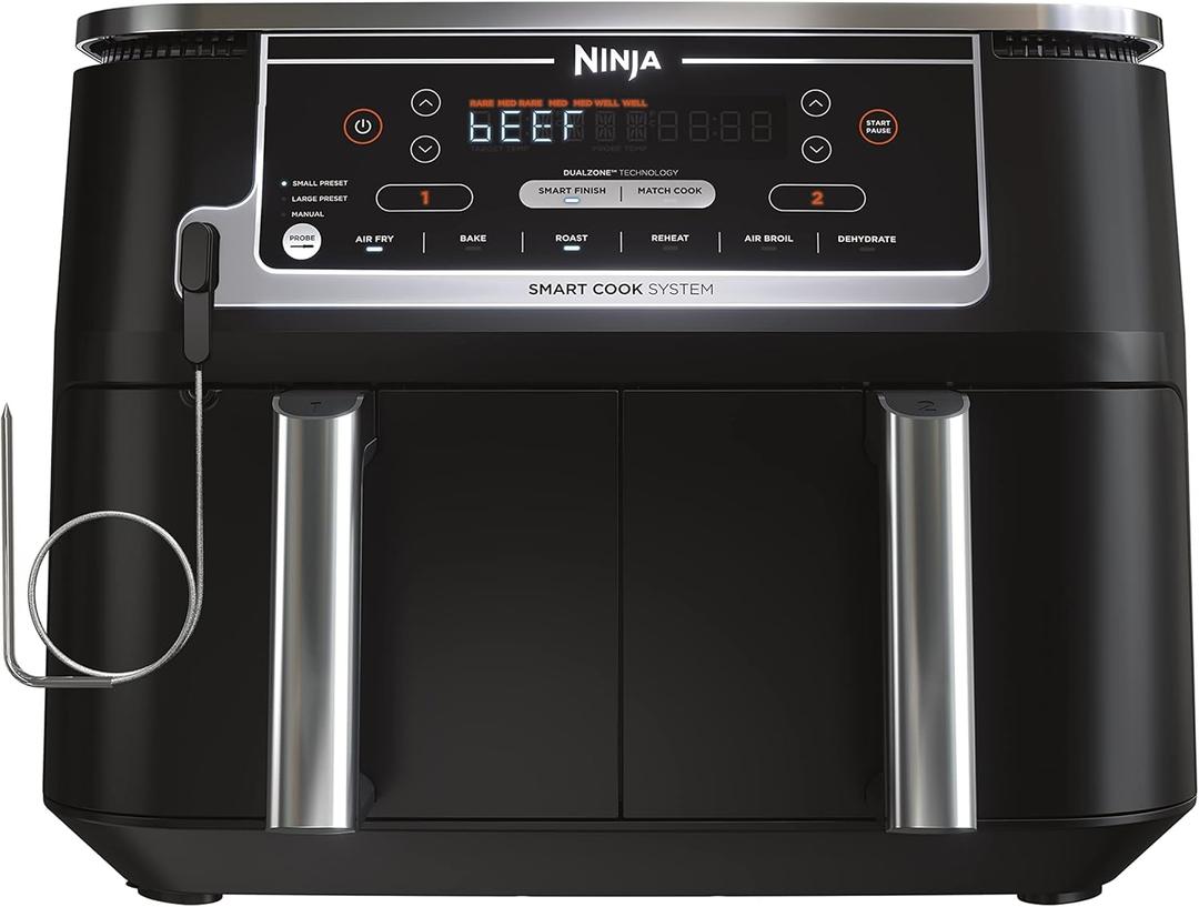 Ninja DZ550 Foodi 10 QT 6-in-1 DualZone Smart XL Air Fryer with 2 Independent Baskets, Smart Cook Thermometer for Perfect Doneness, Match Cook & Smart Finish to Roast, Dehydrate & More, Grey