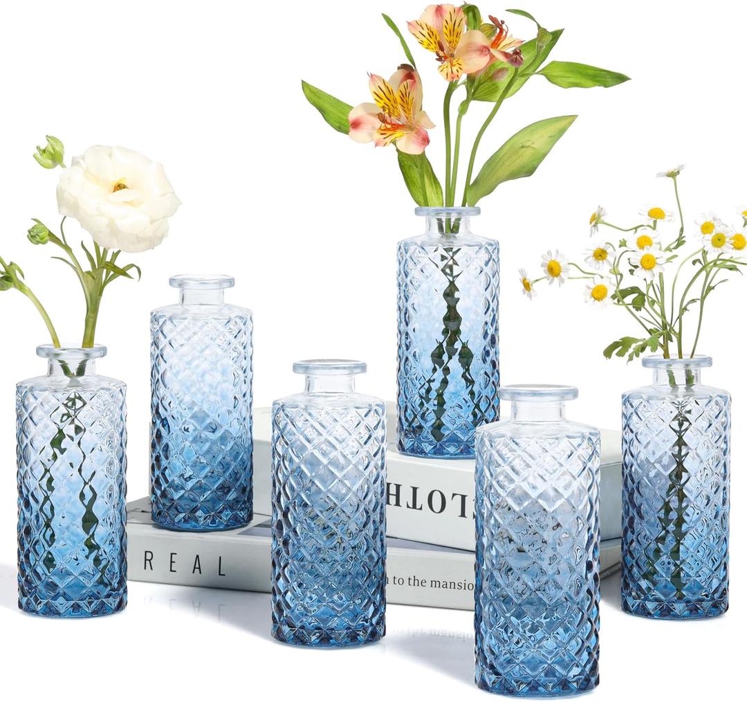 ComSaf Glass Bud Vases Set of 6, Small Diamond Bud Vases in Bulk, Mini Flowers Vases for Centerpieces, Vintage Decor Centerpiece for Table, Wedding Recepetion, Home, Housewarming Gift (Blue) (Blue-style 1)