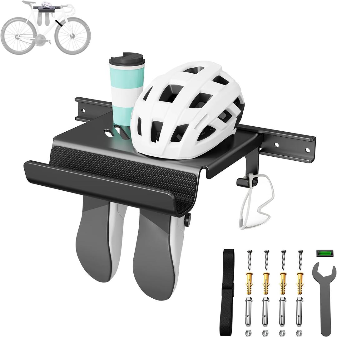 Bike Wall Mount Rack Indoor Bike Storage Garage Bike Rack Wall Mount with Shelf and Hooks Store Your Helmet and Shoes for a Single Road, Mountain or Other Bicycle (Fit Crank Bicycle,16" Stud)