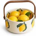 Lemon Decorative Ceramic Candy Bowl with Wooden Handle, 6.1 Inch Candy Dish for Fruit, Nuts and Snacks, Unique Fruit Bowl for Kitchen Countertop, Picnic, Camping, Summer Farmhouse Decor