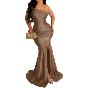 Womens Off Shoulder Sexy V Neck High Split Long Maxi Dress, Formal Cocktail Party Evening Gown Mermaid Dress (Large, Single Shoulder - Gold Brown)