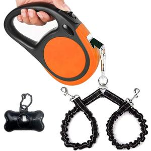 Dual Retractable Dog Leash Small Breed (Up to 44 Lbs Each) - Double Headed 16 ft Extendable Pet Leash with Poop Bags, Non Slip Grip - One Button Break & Lock, 360 Tangle-Free (Orange, Medium)