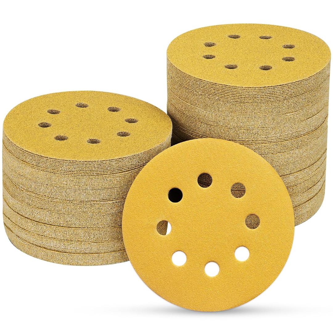 100PCS 5 Inch 8 Hole Sanding Discs 180 Grit, Gold Round Hook and Loop Sandpaper for Random Orbital Sander