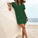 Summer Dresses for Women 2026 Short Sleeve Shift Dress V Neck Casual Mini Beach Vacation Sundress Loose Size (Green, L)