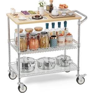 Leteuke Rolling Kitchen Carts with Wheels, 34" L x 17.5" W, 3-Tier Heavy Duty Utility Cart with Wood Tabletop, NSF Commercial Metal Serving Cart with Handle and Shelf Liner for Kitchen, Chrome