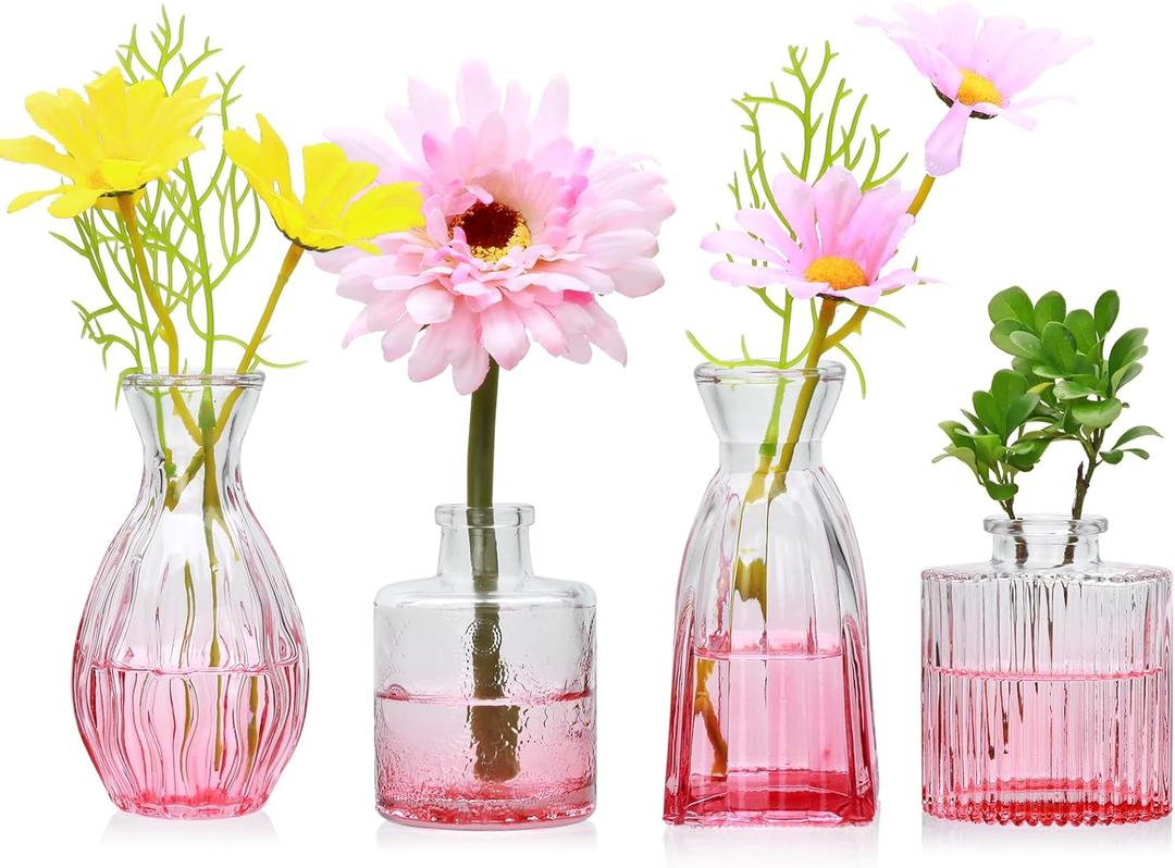 Mapoxy Glass Bud Vases Set of 4,Small Pink Flower Vases for Wedding Centerpiece Table Decorations,Clear Vintage Embossed Mini Vases,Flower Arrangements in Vases for Party or Home Decor