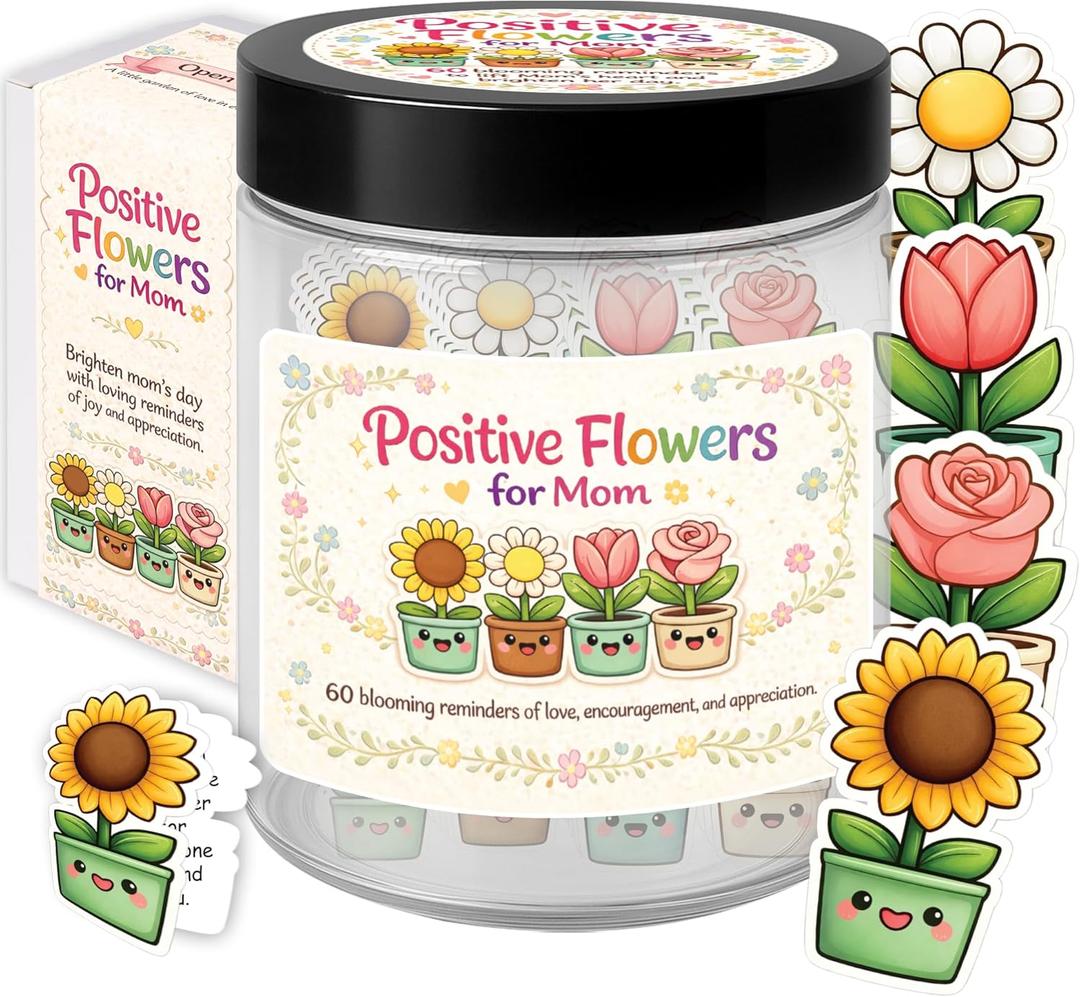 Mother’s Day Gift for Mom - Positive Flowers 60 Affirmation Cards in Jar: Rose, Sunflower, Daisy & Tulip - Encouragement Gift for Women from Daughter Son, Cute Daily Positive