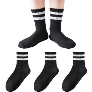 Kids Socks Boys Girls Crew Socks Seamless Cotton Ankle Athletic Socks with Retro Stripes 3/5 Pairs (Black)
