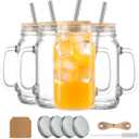 24 oz Mason Jar Cups with Handles, Wide Mouth Iced Coffee Cup with Bamboo Lids & Straws, Large Glass Bottle Mug Drinking Jars Tumbler for Smoothie Cold Water Juice Party Beverages, Set of 4