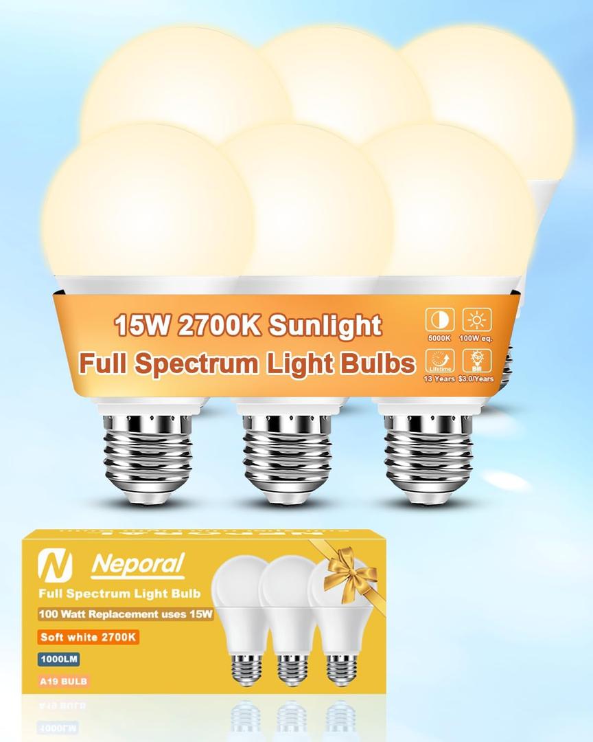 Neporal Full Spectrum Light Bulb 15W LED=100W, 2700K Flicker-Free Warm Light Bulbs, UV-Free & High CRI & Eye-Caring Sunlight Light Bulbs for Human, Home, Office, Plant, E26/E27, 30000H Lifespan, 6PK (Soft White)