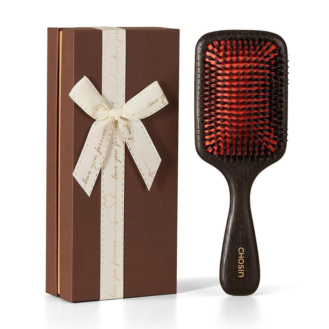 Boar Bristle Hair Brush for Women, Paddle Hairbrush Natural Boar Bristle for Thin Fine Hair Smooth Frizz Enhance Shine (Red)