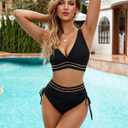 Blooming Jelly Women High Waisted Bikini Sets Tummy Control Swimsuits Color Block Two Piece Drawstring Bathing Suit (Black, M)