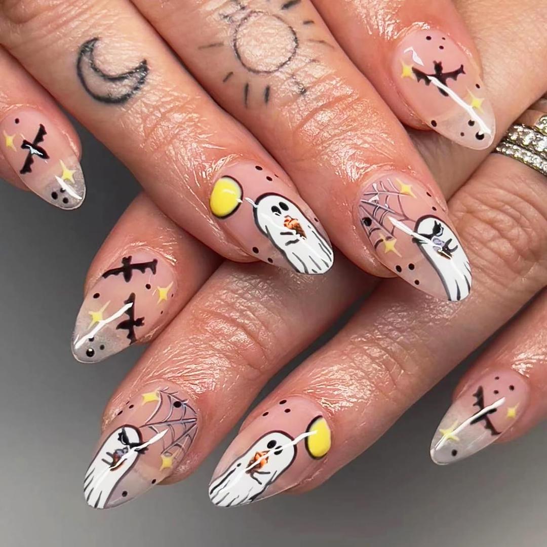 24Pcs Halloween Press on Nails Medium Almond Fake Nails Scary Bat Stick on Nails White Ghost Acrylic Nails With Glossy Full Cover Halloween Spider web False Nail Tips for Women Manicure Decoration