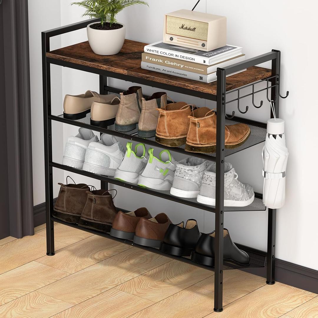 Refrze Shoe Rack for Front Door Entrance, 4 Tier Height-Adjustable Metal Shoe Rack, Sturdy Wooden Top and Tiltable Steel Frame Heavy Duty Shoe Organizer for Bathroom,Bedroom,KitchenInclude Hook