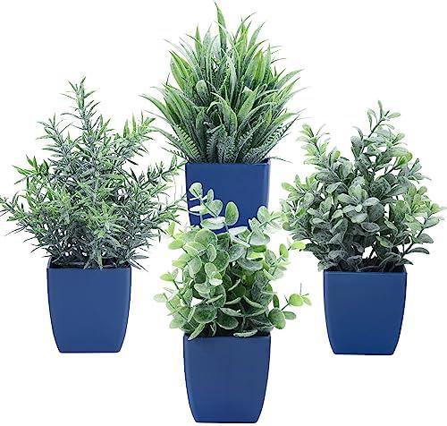 summer flower Set of 4 Fake Plants in Pot Small Artificial Eucalyptus Potted Plant Mini Wheat Grass Ferns Faux Greenery for Home Indoor Office Table Bathroom Farmhouse Decorations Blue