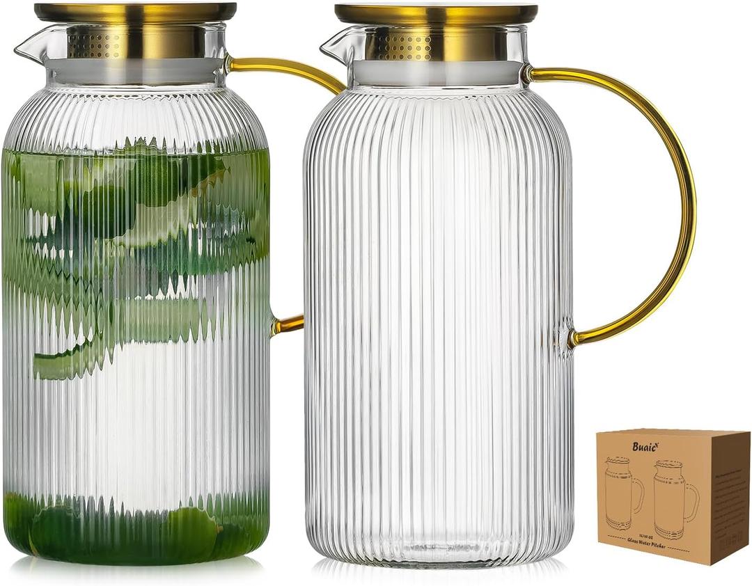 Buaic 2 PACK Glass Pitcher with Lid, 74oz/ 2.2 Liter Classic Vertical Stripes Water Pitcher with Handle,Glass Water Carafe for Cold Brew, Coffee, Lemonade, Iced Sun Tea,Beverage,Heat Resistant