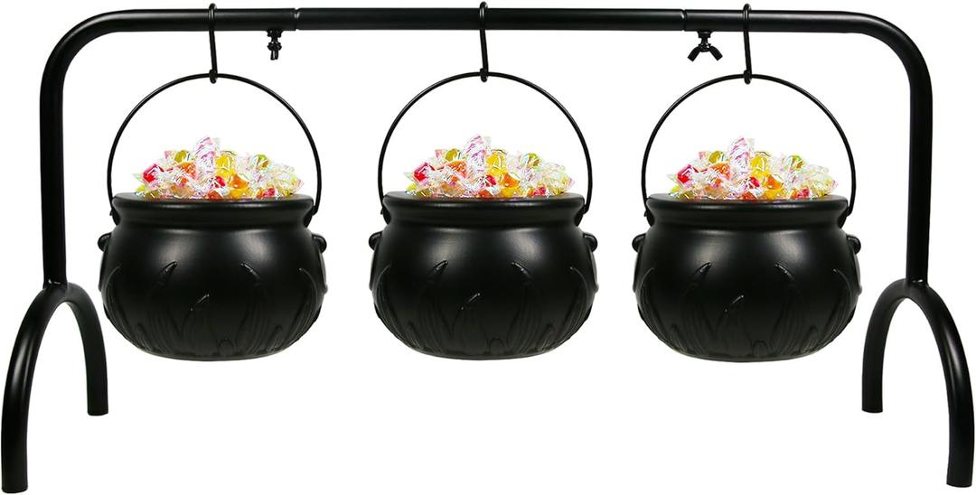 Halloween Cauldron on Rack - Set of 3 Witches Serving Bowls, Candy Bowl, Black Plastic Decor for Party Decoration