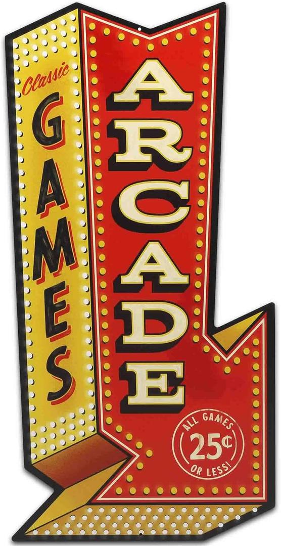 Arcade Games Arrow Metal Sign - Vintage Arcade Sign for Game Room or Man Cave (Red/Gold)
