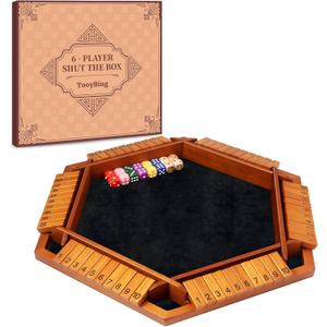 TooyBing Upgraded 1-6 Players Shut The Box Dice Game, Wooden Board Table Family Game for Kids and Adults with 16 Dice, Classic Tabletop Math Game for Pub Classroom Party, Gift for Christmas Birthday