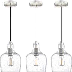 3 Pack 1 Light Hanging Indoor Kitchen Island Pendant Ceiling Light Fixture,6.1" Clear Seeded Glass Brushed Nickel Finish Modern Farmhouse Dinning Over Sink