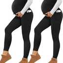 Happy.angel 2 Pack Maternity Fleece Lined Leggings Over The Belly, Womens Black Workout Yoga Pregnancy Pants with Pockets XL