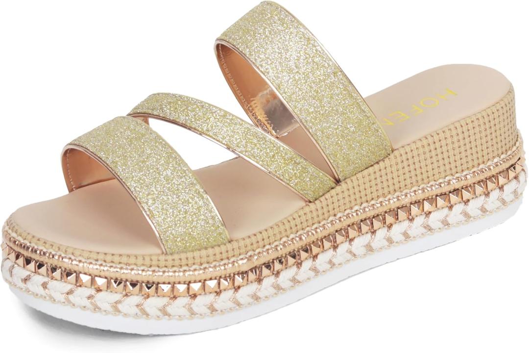 Women Platform Sandals Espadrille Slip on Open Toe Boho Wedge Sandals for Women Dressy Casual Summer (11, Champagne-3 Strap)
