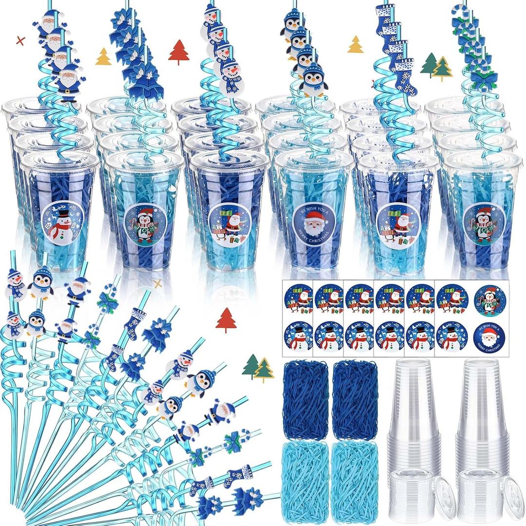 Vesici 124 Pcs Christmas Plastic Cups Bulk with Lids Straws Stickers Raffia Snowman Santa Claus Plastic Cups Xmas Disposable Clear Mugs Party Favor Holiday Birthday Wedding Party Supplies,24 Sets,Blue