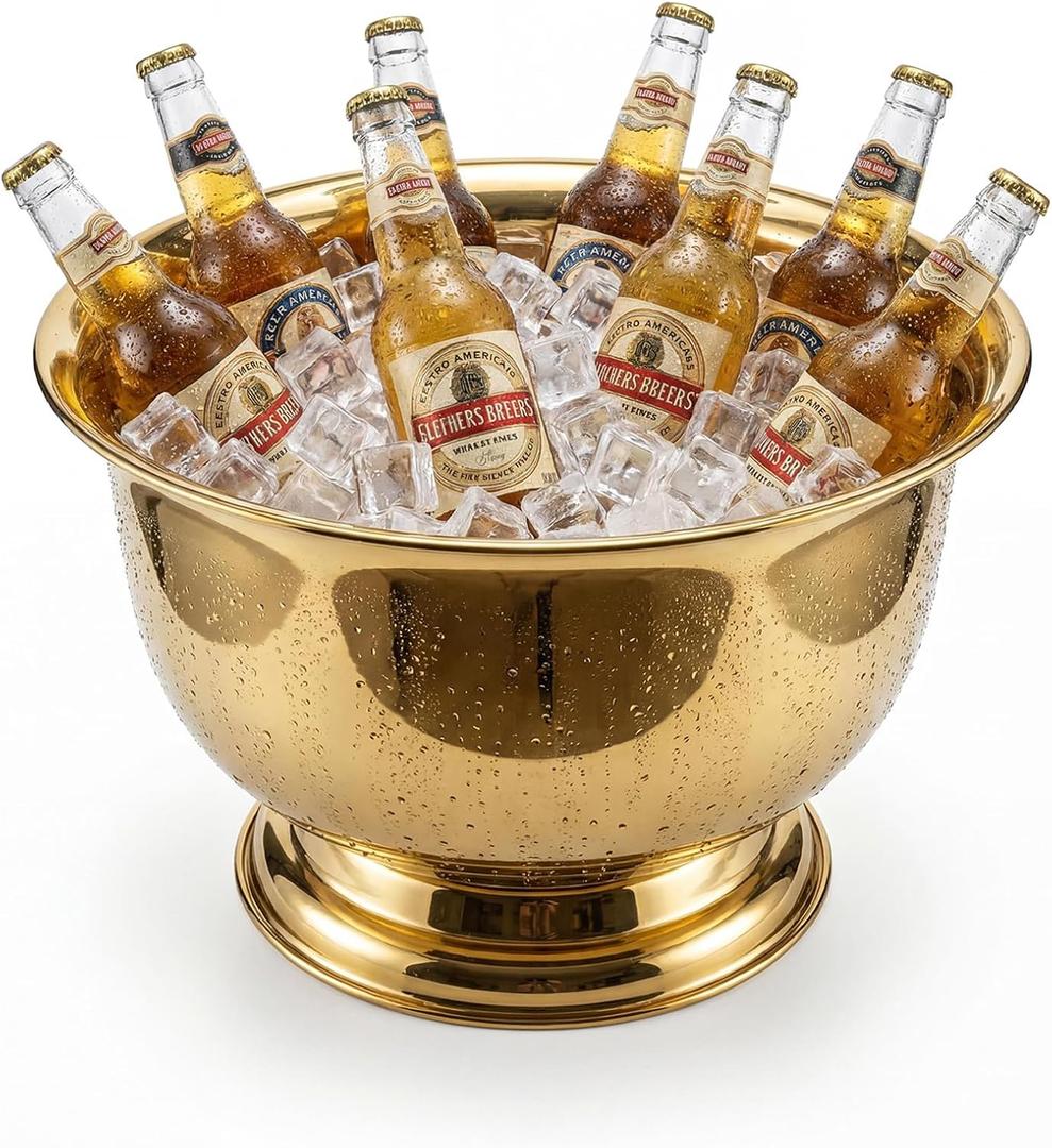 Gold Beverage Tub for Parties, 10L Stainless Steel Drink Cooler, Holds 810 Beer Bottles or 34 Wine Bottles with Ice, Metal Champagne Bucket for Bar Cart, Poolside, Outdoor Entertaining