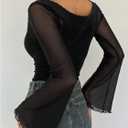 SOLY HUX Women's Off The Shoulder T Shirt Mesh Bell Long Sleeve Slim Fitted Tee Going Out Tops (L)