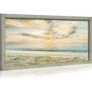 Beach Framed Wooden Wall Art: Large Coastal Picture Sunset Ocean Wave Painting Modern Sea Seaside Prints Seasacape Artwork for Living Room Bedroom Home Office