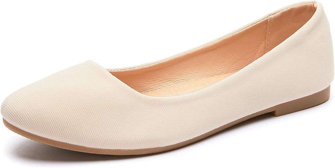 Obtaom Round Toe Women Flat Shoes Slip on Girls Dress Black Ballet Flats (5, Beige)