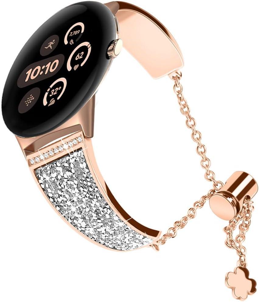 Compatible for Google Pixel Watch 4/3 Band 45mm, Women No Gap Jewelry Rhinestone Metal Bling Bracelet Replacement Wristband for Google Pixel Watch 4/3 45mm (Rose Gold)