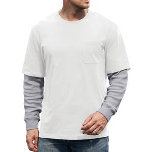 Mens Layered Shirt Waffle Longsleeve Cotton Faux 2-Piece Casual Pullover with Pocket  (Medium, White)