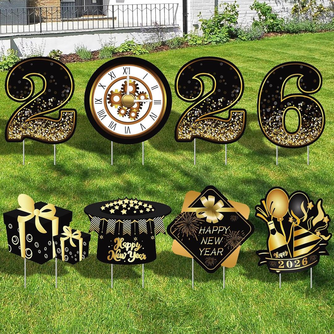 KatchOn, Happy New Year Yard Sign 2026 - Pack of 8 | Happy New Year Yard Lawn Signs with Stakes, New Years Eve Party Supplies 2026 | New Years Yard Stakes for Outdoor Happy New Years Decorations 2026 (Black & Gold)