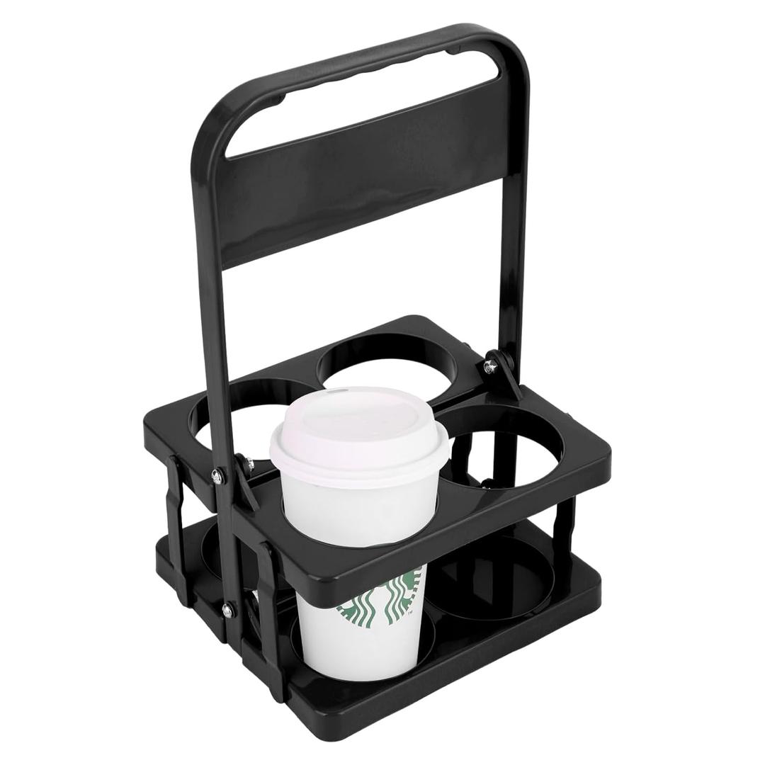 Bodaon 4 Cup Drink Carrier with Handle, Plastic Cup Carriers for Drinks, Drink Holder for Car, Take Out Delivery Drivers Accessories, Portable Foldable Reusable Mobile, Use for Food Delivery Bag (Black)