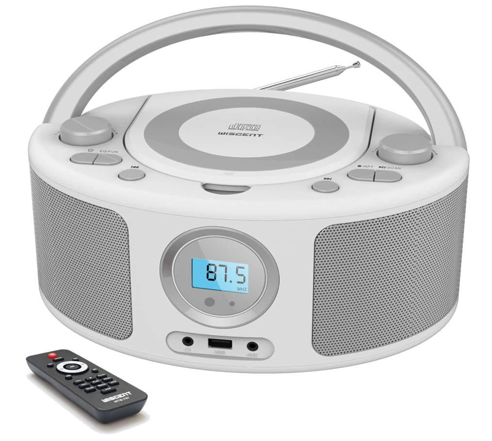 Portable CD Player Boombox with Bluetooth, FM Radio, Remote Control, USB Port and 3.5mm AUX Headphone Jack, Clear Stereo Sound, 4 Watts of Audio, AC/Battery Powered