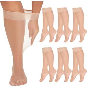 MANZI 6 Pairs Plus Size Knee Highs for Women 15 Denier Sheer Nylon Socks Knee High Stockings (3X-Large-4X-Large, Natural)