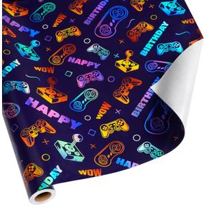 BIOBROWN Gaming Wrapping Paper for Boys Girls - 17 Inch X 33 Ft - Laser Video Game Design Gift Wrap Paper for Kids Birthday Game Party Favor Game Lover Holiday