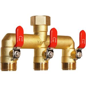 Heavy Duty Brass Garden Hose Splitter 3-Way,3/4" GHT Thread, High Flow Faucet Splitter, Water Hose T Spigot Splitter with Shut-off Valves,Water Adapter & Connector-Long Red Metal Handle