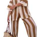 Women Cover Up Sets Button Up Tops with Pants Crochet Set Outfit 2 Piece Outfits Vacation Outfits (Large, Brown)