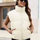 Womens Cropped Puffer Vest Oversized Winter Sleeveless Zip Up Padded Jacket Outerwear Water-Resistant Warm Coat (Medium, Cream White)