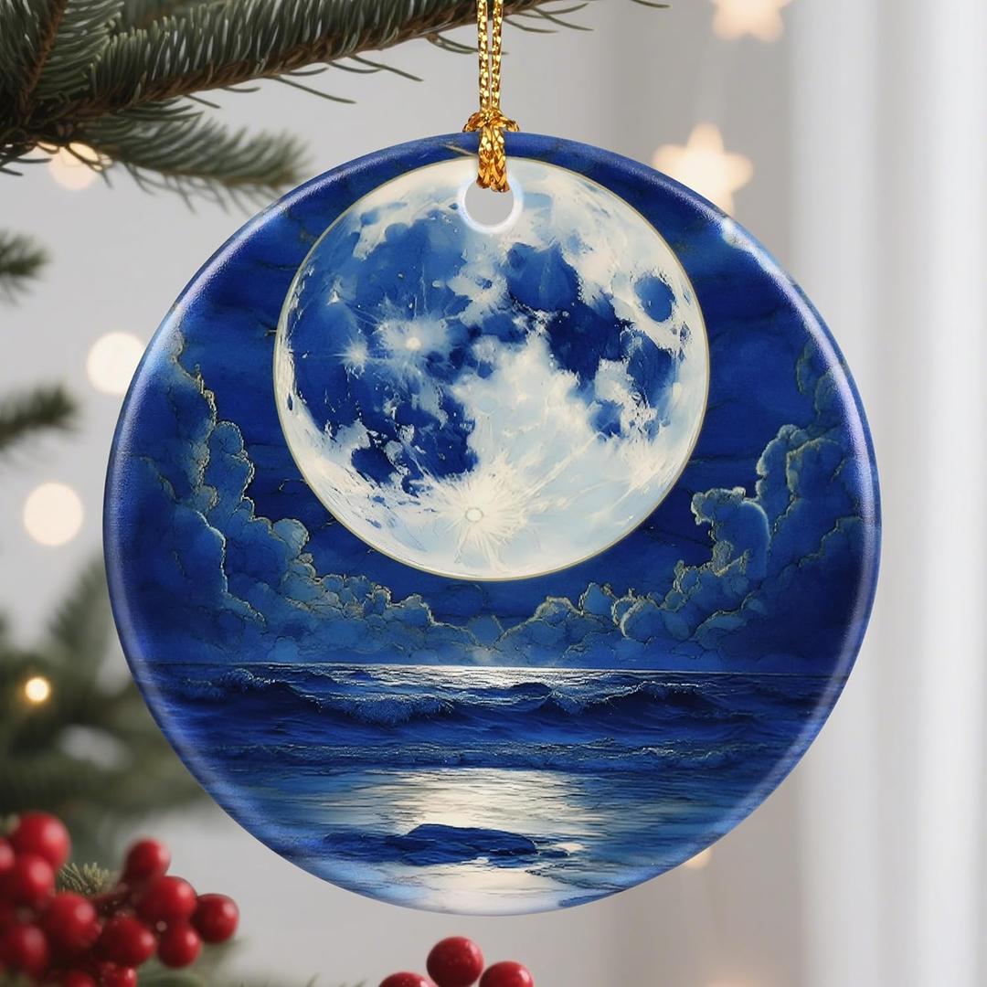 15 x Christmas Ornaments, 2.8 Inch Ceramic Hanging Ornament, Christmas Tree Ornaments, Xmas Decorations, Holiday Decorations, Holiday Party Gifts, and Xmas Gift Ideas - Full Moon Over Ocean