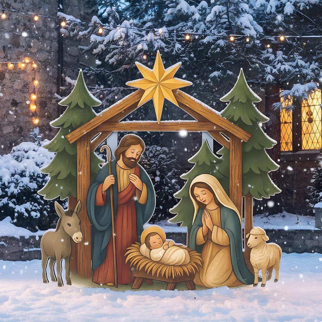 40" x 31" Large Christmas Metal Yard Stakes Christmas Garden Stakes Waterproof Xmas Outdoor Yard Decor with Stake for Xmas Holiday Lawns Outdoor Decor(Nativity Scene)