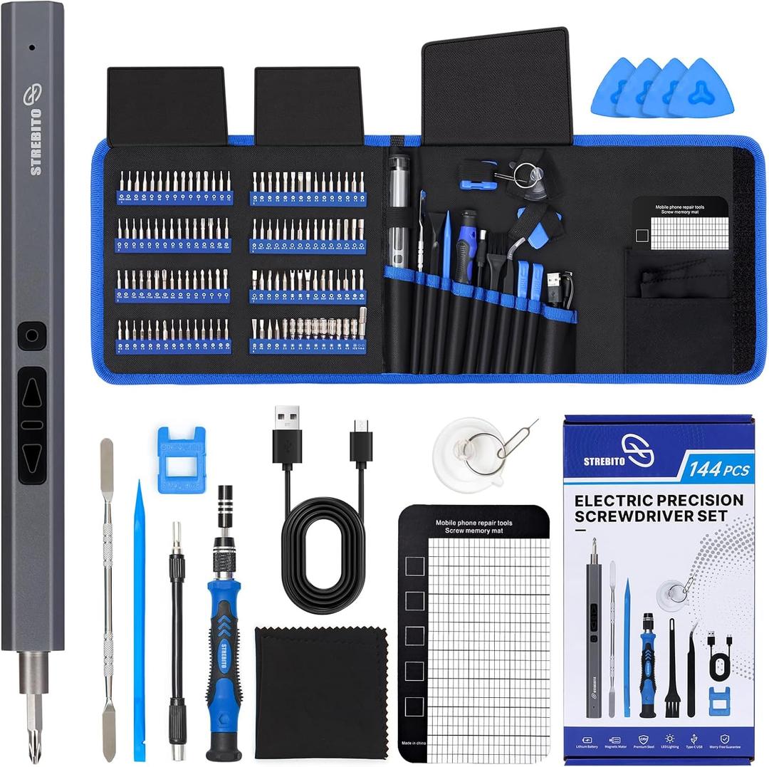 STREBITO Mini Electric Screwdriver, 144-Piece Electric Precision Screwdriver Set Small Power Screwdriver Cordless Rechargeable, Electronic Repair Tool Kit for PC, Computer, Laptop, Phone, RC Drone (Blue)