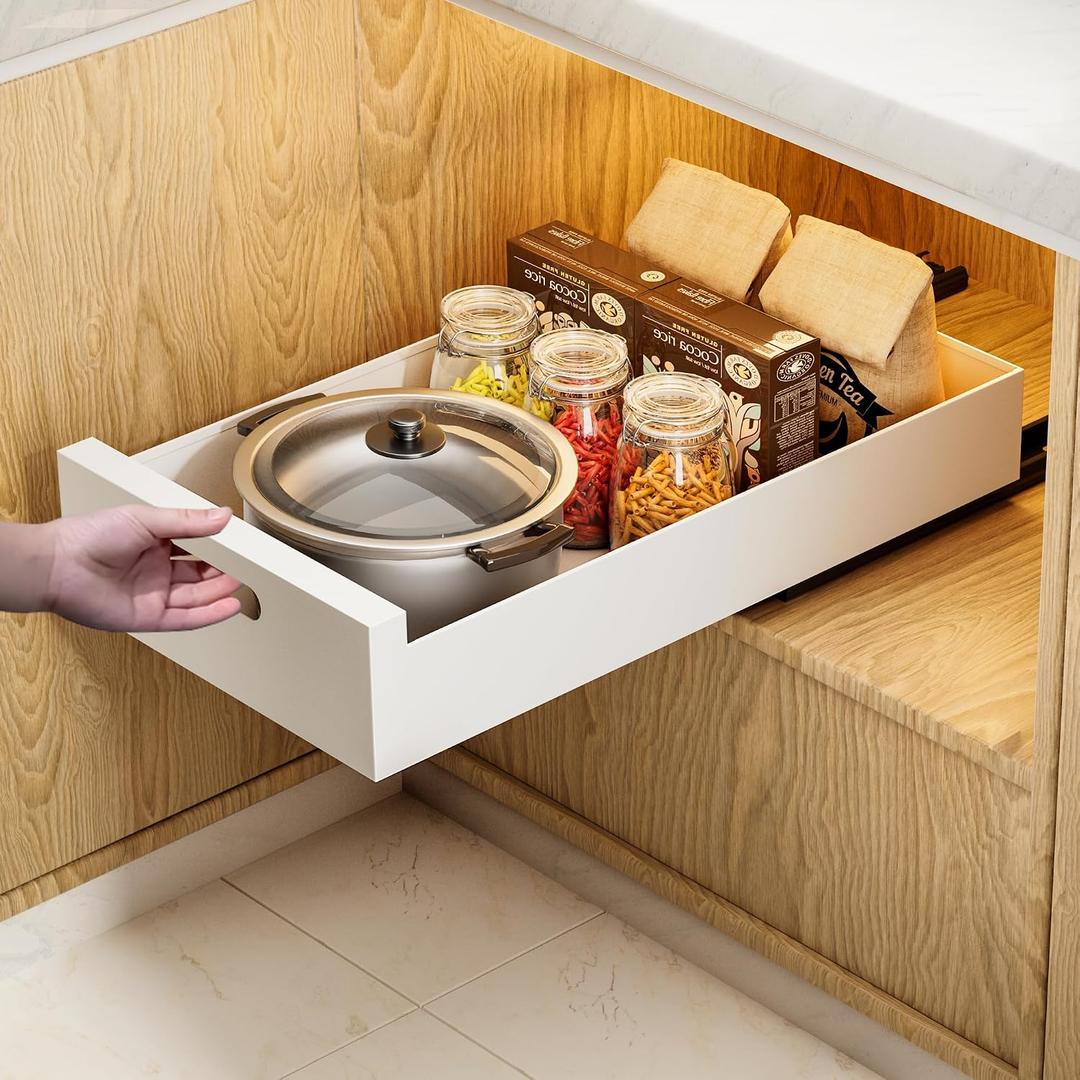 HBL' 1 Pack | 21" Deep Pull Out Cabinet Organizer Adhesive, 10-Inch Wide Sturdy Carbon Steel Roll-Out Drawers, Designed for Frameless Cabinets, Slide-Out Shelves for Pantry.
