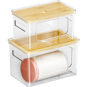 2 PACK Garbage Bag Holder With Bamboo Top,Garbage Bag Dispenser Roll Holder for Kitchen Pantry Cabinet Counter Under Sink Laundry Room Organizers