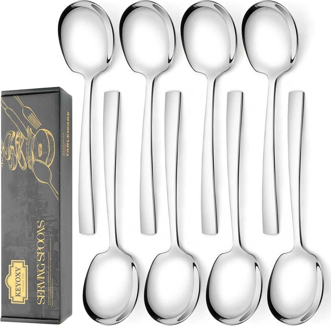8 Piece Stainless Steel Serving Spoons Set - 8 Large Spoons, 9.2-Inch, Dishwasher Safe, for Parties/Kitchen/Buffet/Catering (Silver)
