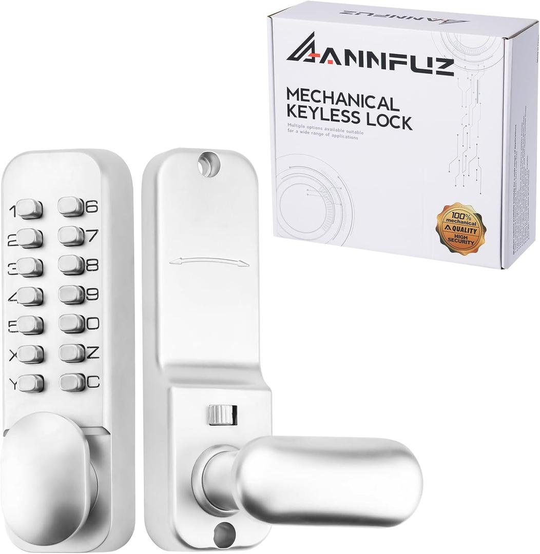 100% Mechanical Keyless Door Locks with Keypad Door Knob, Code Combination Lock with Handle, Front Gate Lock with Lever for Warehouse, Auto Lock, No Electronic (Pearl Chrome)